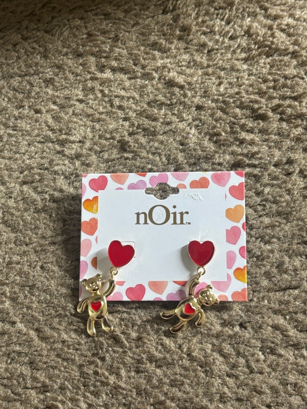 nOir Jewelry Gold Teddy Bear Earrings with Red Heart Studs (New)